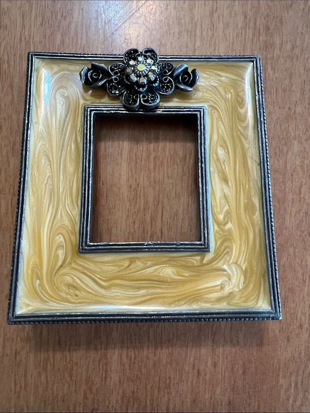 Decorative Yellow Marbled Square Photo Frame with Floral Accent